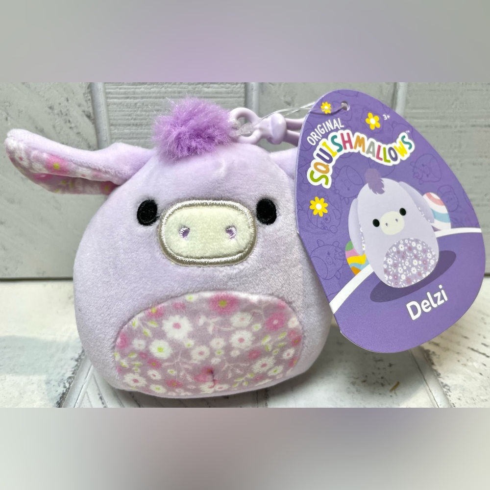 Squishmallow 3.5” Clip Plush Toy Easter Delzi Donkey Plush Floral Keychain NWT